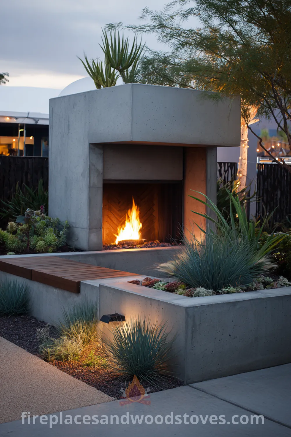 Outdoor space featuring an organic modern corner fireplace, vibrant succulents, and mid century modern patio design elements.