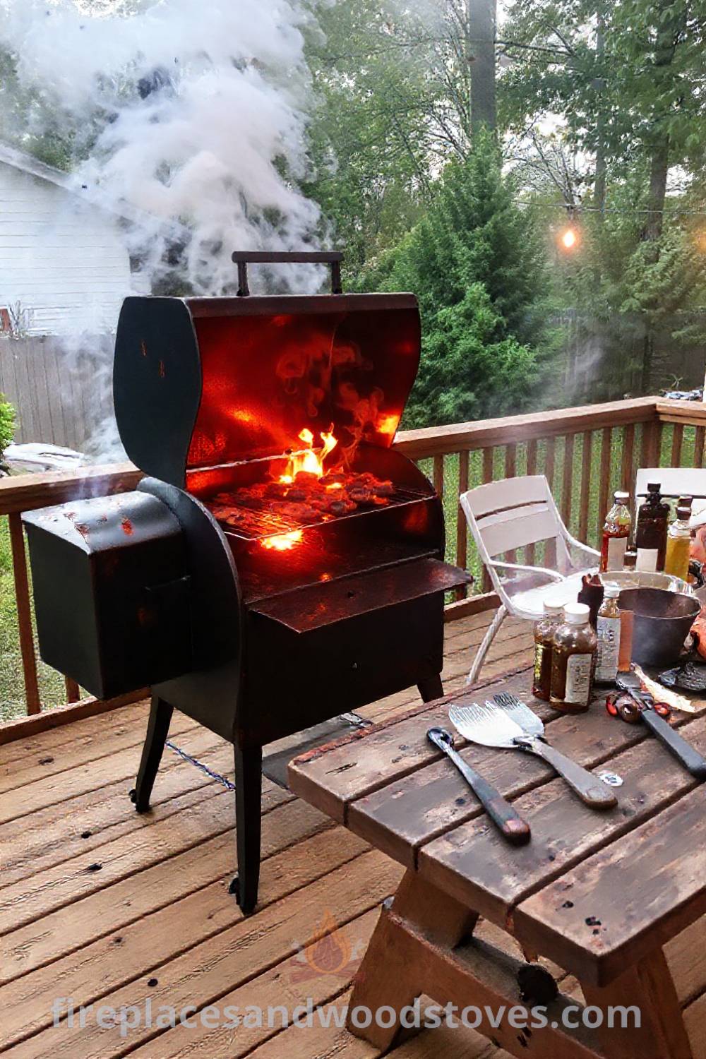 A sturdy barbecue smoker on a wooden deck, with warm light emanating from inside, surrounded by a picnic table with grilling tools and marinades, creating a cozy outdoor gathering space for family and friends. Visit patioandhomefurniture.com for stylish designs transforming your backyard.