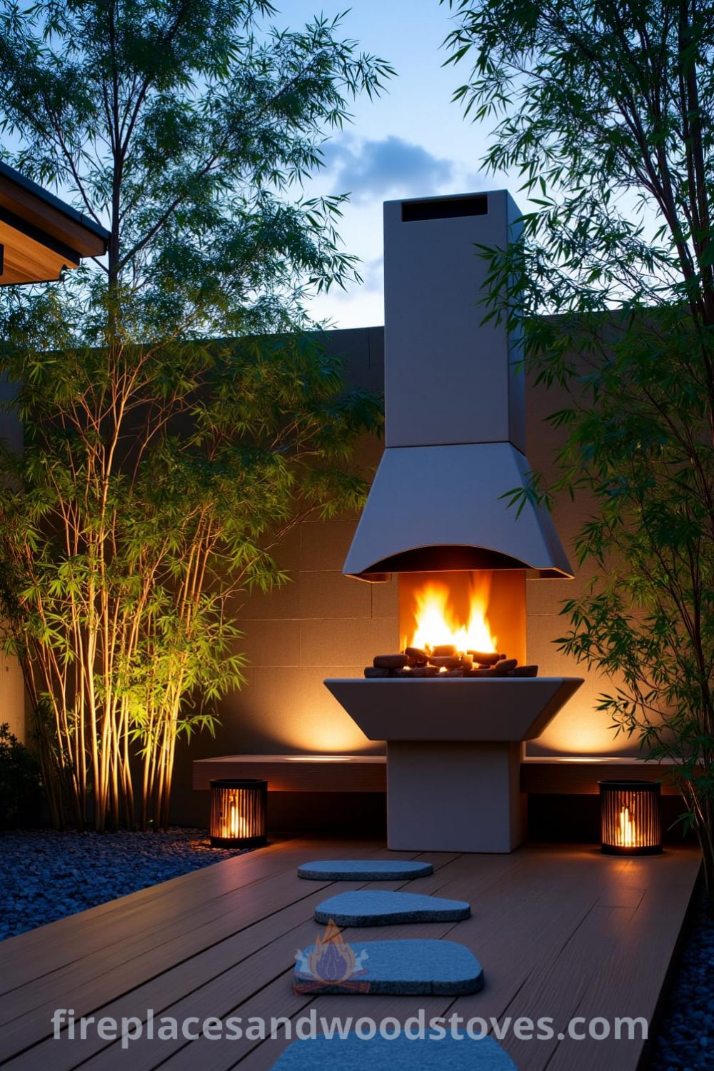 Japanese Zen outdoor fireplace on a wooden deck surrounded by bamboo plants and smooth stones, featuring flickering flames illuminating the space, creating a serene atmosphere for relaxation, perfect for cozy evenings. Visit fireplacesandwoodstoves.com for unique ideas and inspirations for your home.