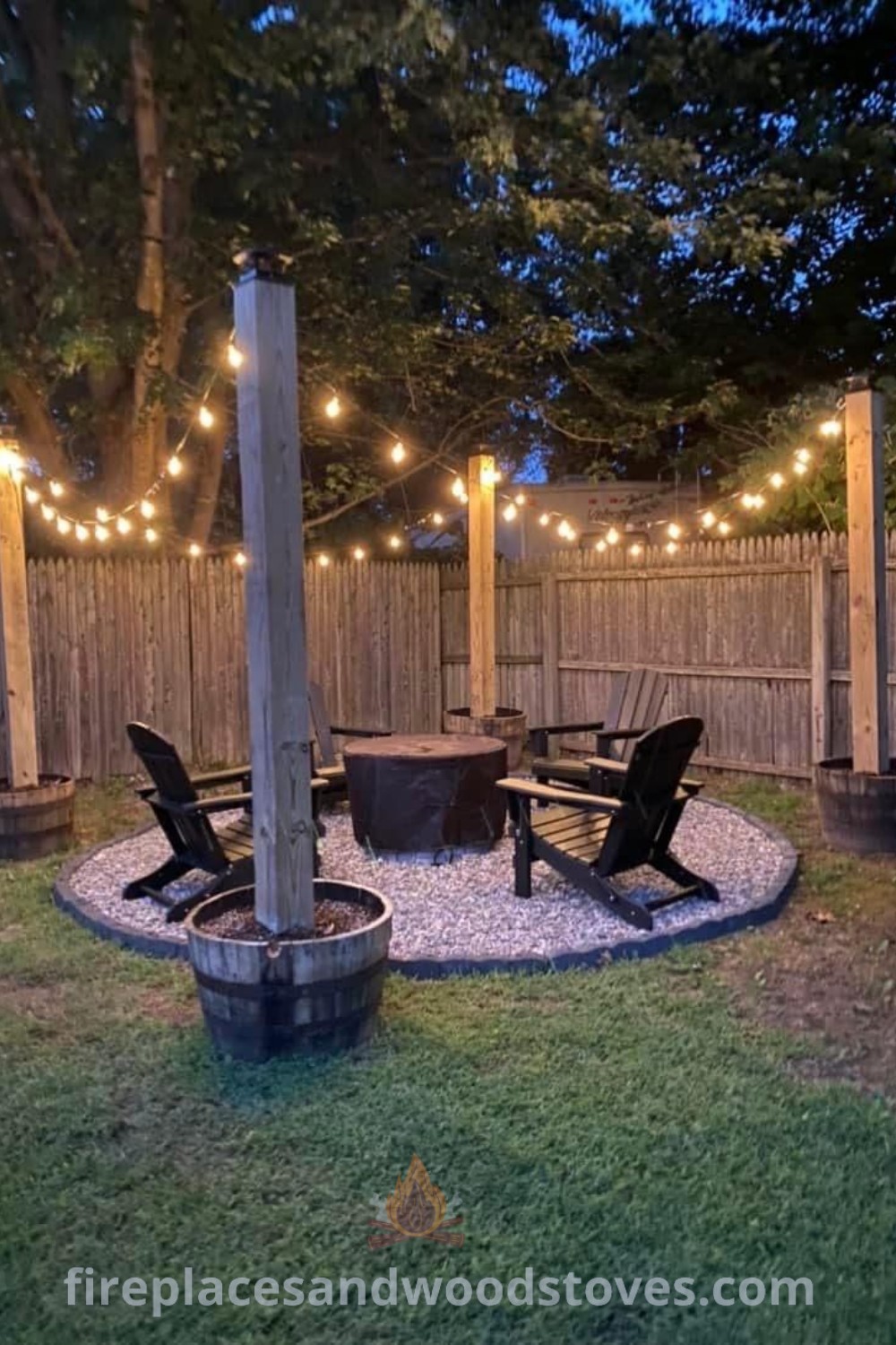 An outdoor patio featuring a cozy fire pit surrounded by chairs and string lights, perfect for backyard gatherings. Discover stylish DIY fire pit ideas and designs transforming your space at patioandhomefurniture.com.