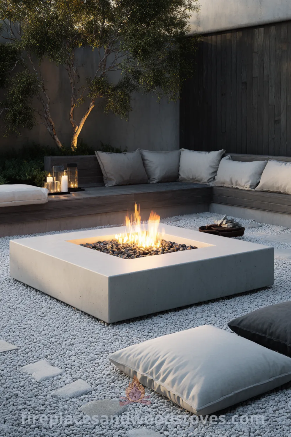 Modern minimalist fire pit surrounded by white gravel, sleek outdoor cushions, with serene fire pit area and clean line fire pit design.