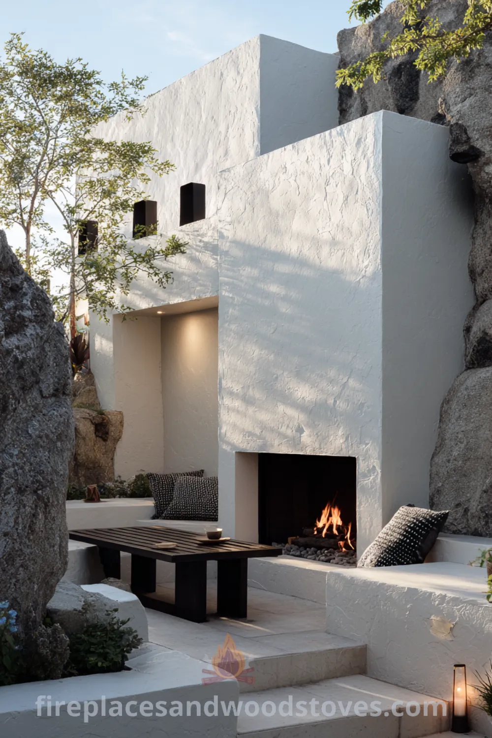 Scandinavian outdoor fireplace with white stucco and black steel accents in a serene garden setting, featuring cozy outdoor space hygge and natural stone elements.