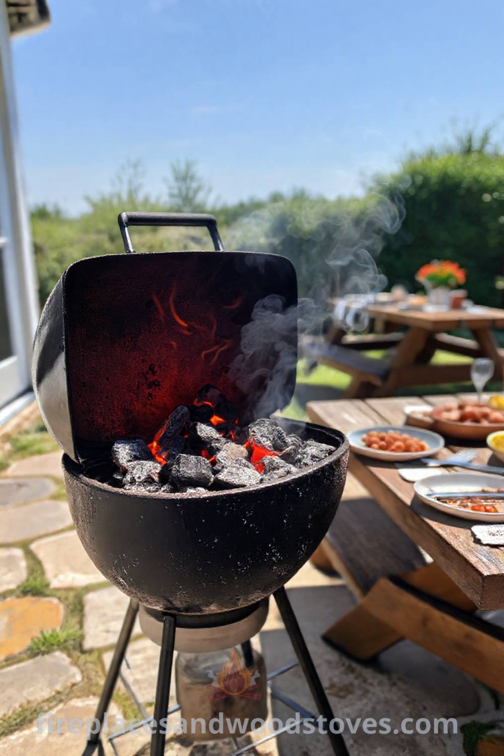 Classic charcoal grill barbecue on a weathered stone patio with glowing coals, wooden picnic table and dishes, creating a cozy outdoor atmosphere perfect for gatherings and summer fun. Visit patioandhomefurniture.com for incredible outdoor design inspiration.