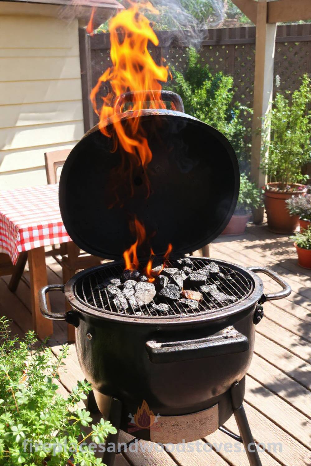 Classic charcoal grill on a sun-drenched patio adorned with a checkered cloth table, surrounded by potted herbs and fragrant smoke, creating a cozy and inviting outdoor cooking space for memorable gatherings. Visit patioandhomefurniture.com for stylish ideas that will wow your guests.