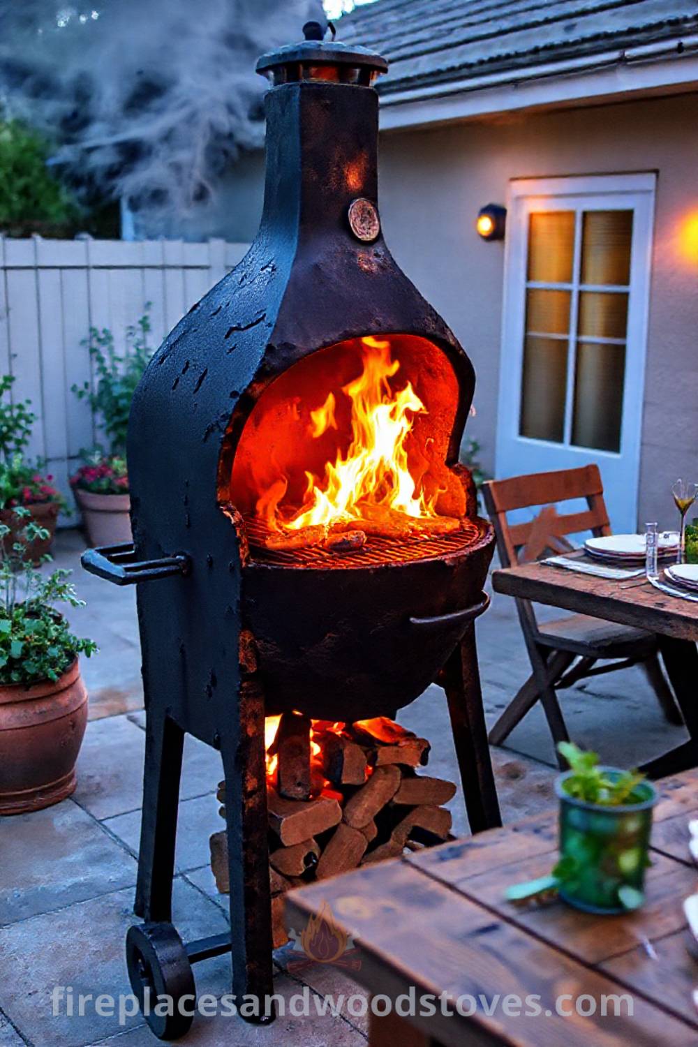 Sturdy wood-fired barbecue on a spacious patio surrounded by potted herbs and flower boxes, creating a cozy outdoor space for gatherings and meals with friends. Visit patioandhomefurniture.com for stylish outdoor design inspiration.
