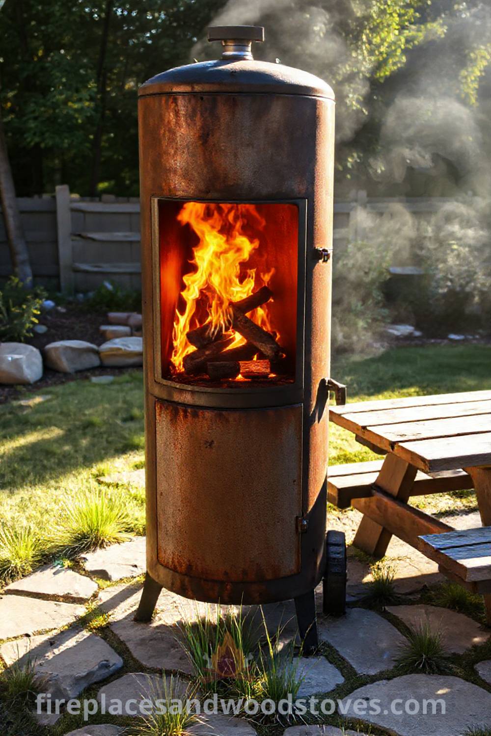 Vertical smoker barbecue in a sun-drenched backyard with a rustic stone patio, surrounded by grass and a wooden picnic table, offering cozy outdoor cooking inspiration for your home. Visit patioandhomefurniture.com for stylish outdoor ideas you’ll love.