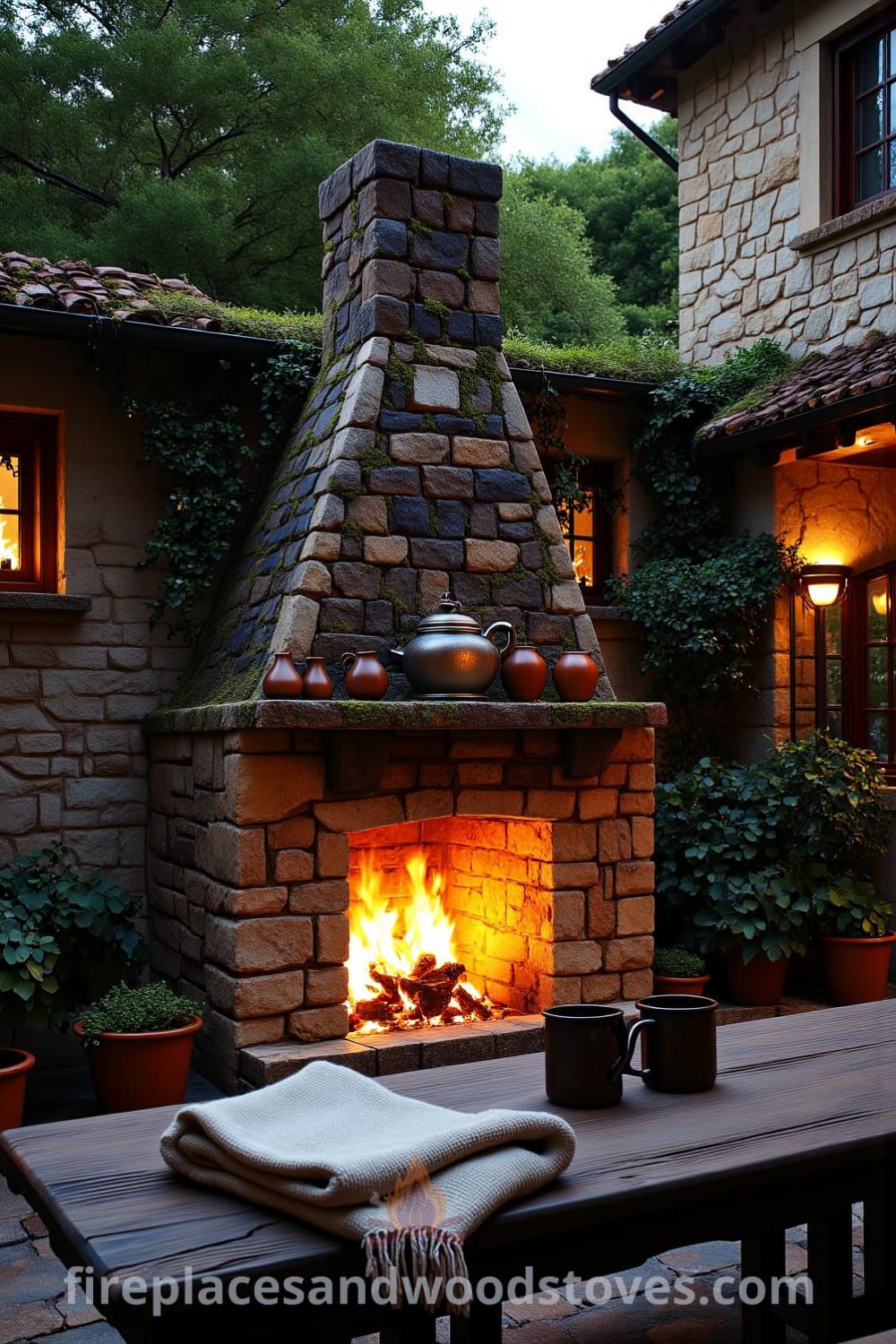 Rustic stone outdoor fireplace in a charming courtyard, featuring weathered stones, flickering flames, cozy blankets, and terracotta pots, creating inspiring decor ideas for a cozy home ambiance at fireplacesandwoodstoves.com.