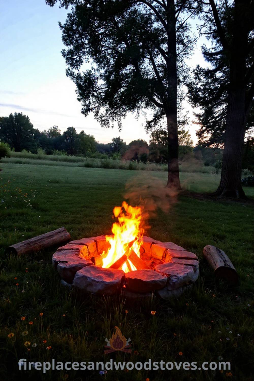 A cozy stone fire pit nestled in a lush backyard surrounded by wildflowers and grass, with flickering flames and logs as seating creating an inviting atmosphere for gatherings. Visit patioandhomefurniture.com for stylish outdoor ideas that will wow your guests.