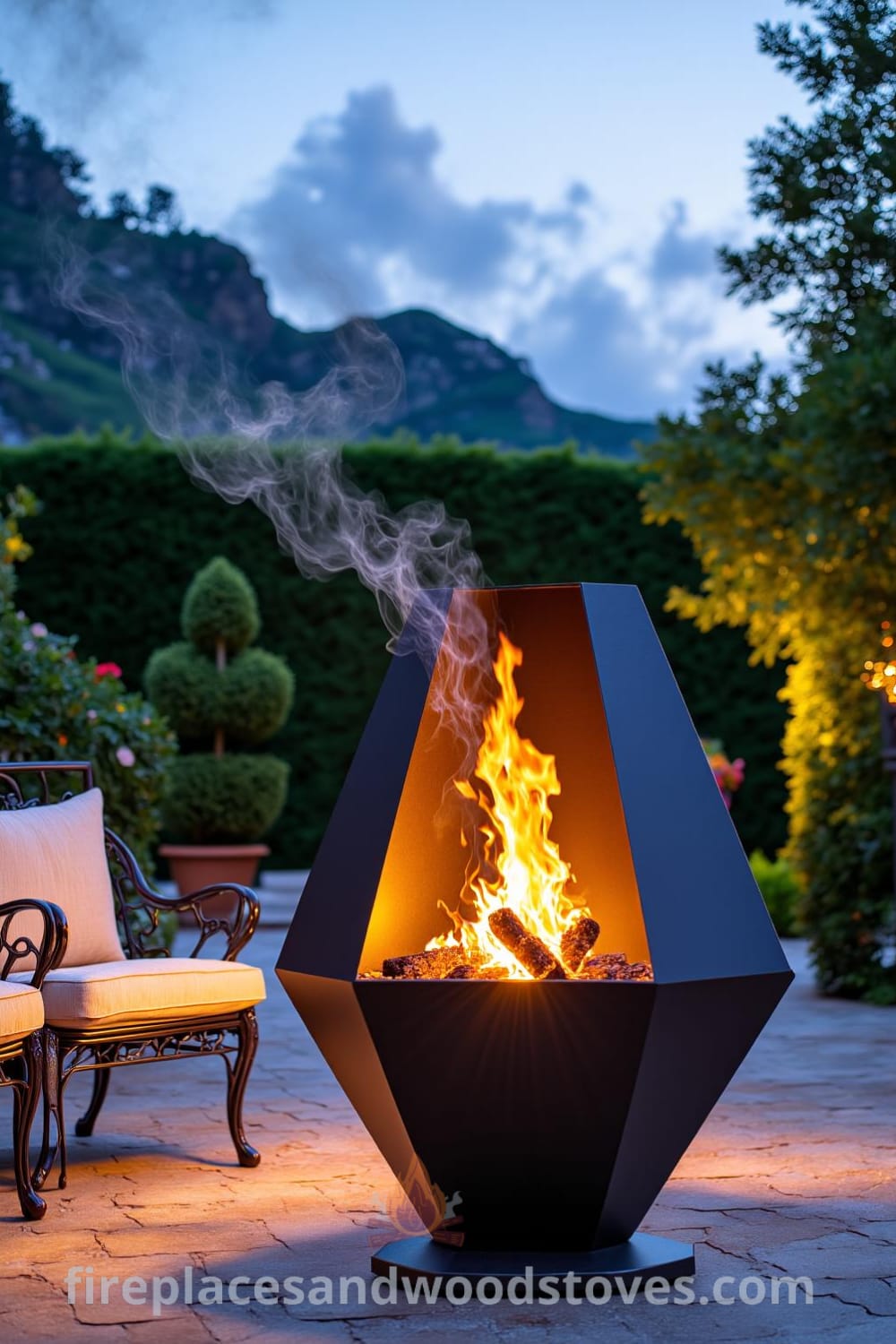 Art Deco fire pit on a polished stone terrace surrounded by greenery and wrought iron chairs, showcasing geometric design and flickering flames, creating a cozy atmosphere perfect for outdoor gatherings. For more cozy ideas and design inspirations, visit fireplacesandwoodstoves.com.