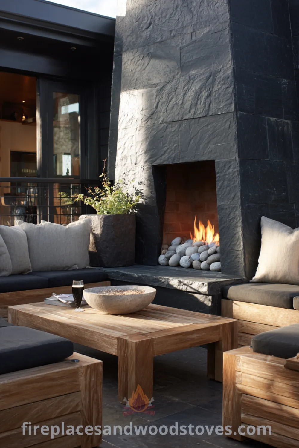 Outdoor mid-century modern corner fireplace with stacked stone, sleek outdoor corner hearth, and inviting lounge with teak furniture.