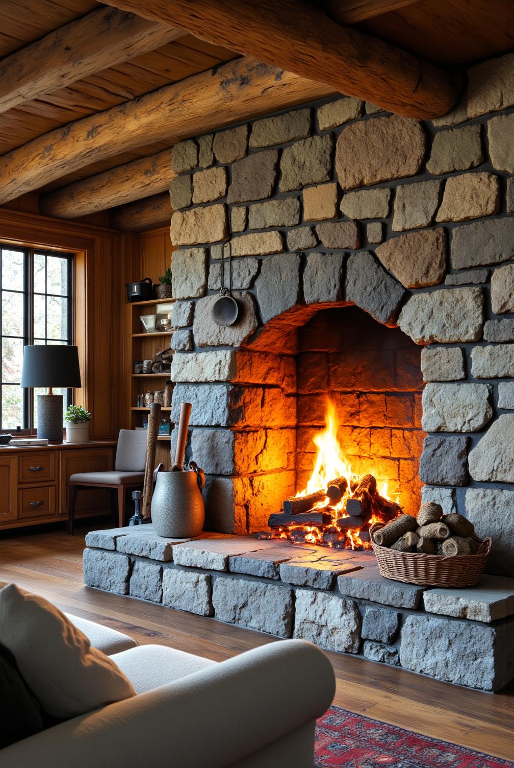 Rustic fireplace made of rough-hewn stone in a cozy living room with flickering flames, worn wooden beams, an overstuffed sofa, and a basket of logs for an inviting atmosphere, offering cozy home design ideas for warmth and comfort at fireplacesandwoodstoves.com.