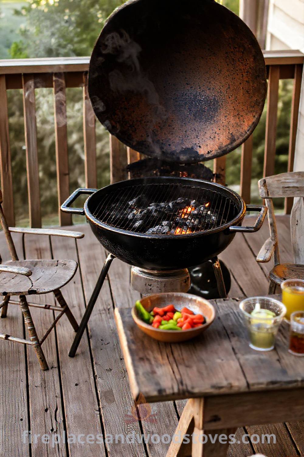 Classic charcoal grill on a wooden deck surrounded by mismatched chairs and a table with marinated vegetables and drinks, creating a cozy and inviting summer barbecue atmosphere. Visit patioandhomefurniture.com for stylish outdoor ideas that will wow your guests.