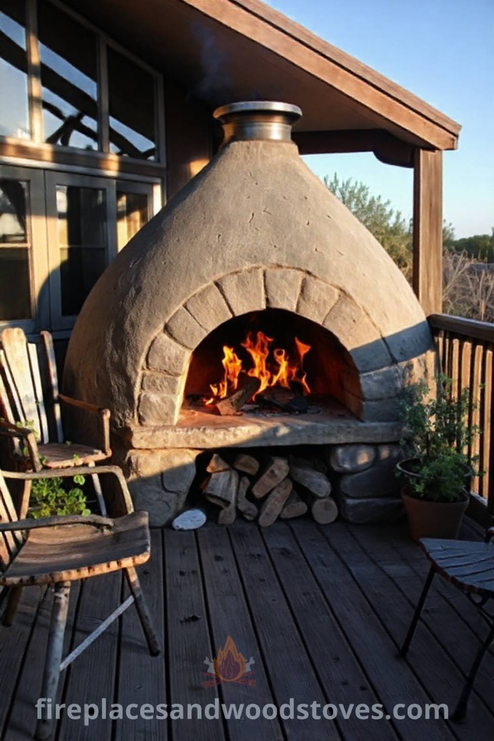 Stone BBQ oven on a wooden deck with flickering flames, mismatched chairs, and potted herbs, creating a cozy and inviting outdoor gathering space. Visit patioandhomefurniture.com for stylish backyard design ideas you