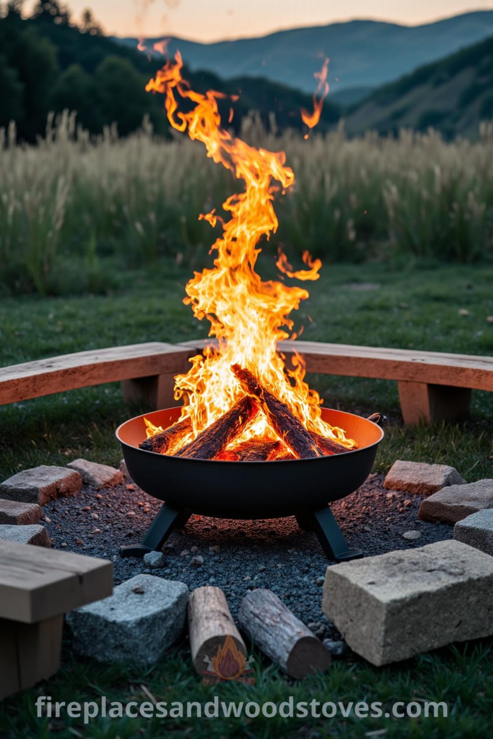 Nomadic firepit outdoor barbecue surrounded by grasses, illuminating rough-hewn wooden benches, with charred logs nearby, creating a cozy ambiance perfect for gatherings. Discover inspiring decor ideas for your home at fireplacesandwoodstoves.com.