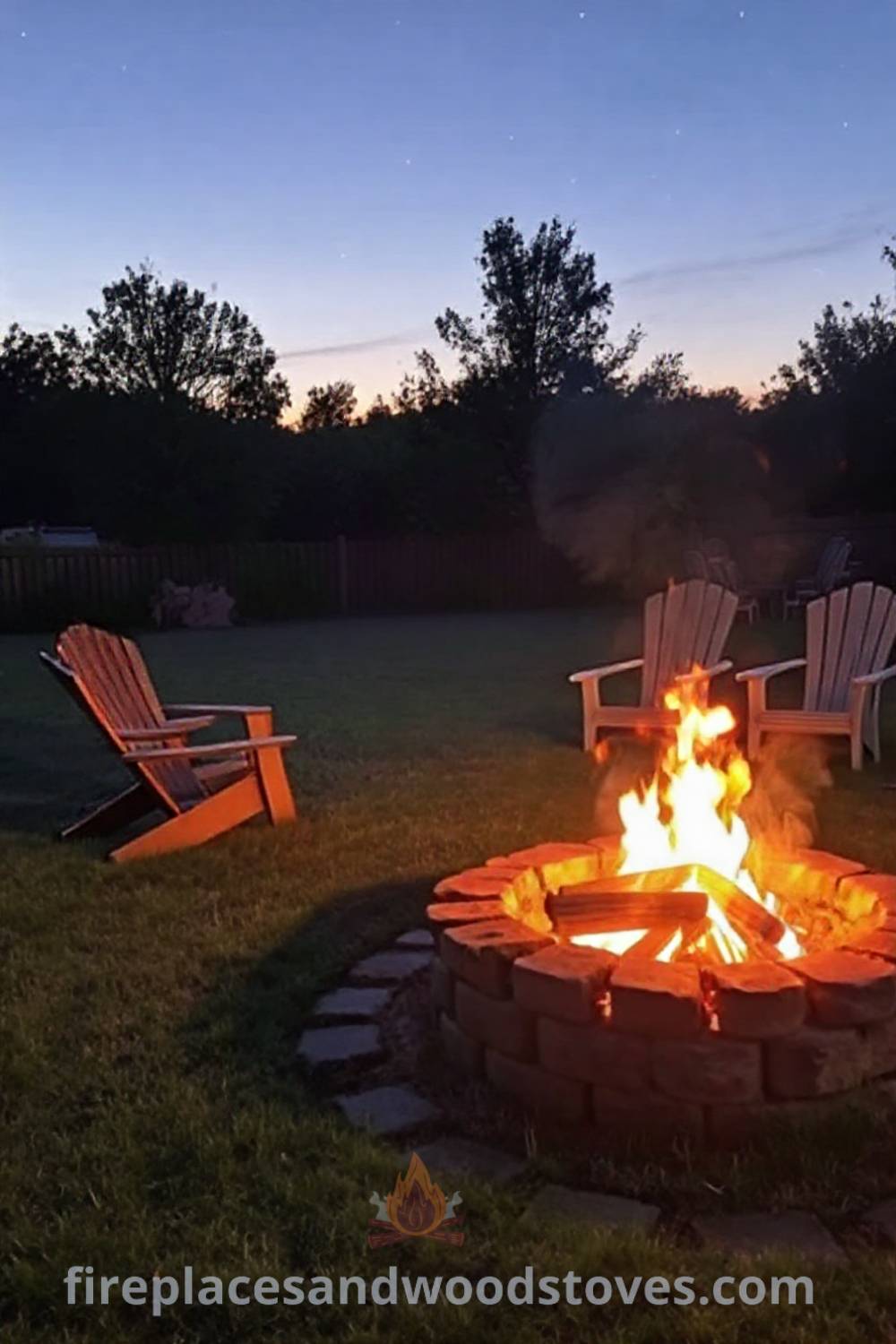 Cozy stone fire pit surrounded by mismatched chairs in a grassy backyard, casting a warm glow as flames flicker, perfect for gatherings and transforming your outdoor space. Visit patioandhomefurniture.com for stylish outdoor ideas you