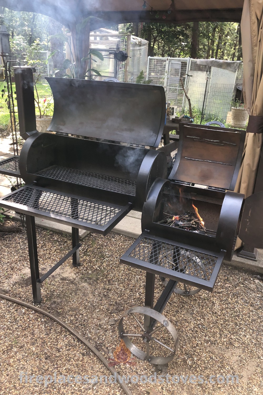 Two BBQ grills next to each other on a patio, showcasing creative designs for custom BBQ smokers and DIY grill ideas. Perfect for enhancing your outdoor space, find more styling inspiration and smoker plans at patioandhomefurniture.com.