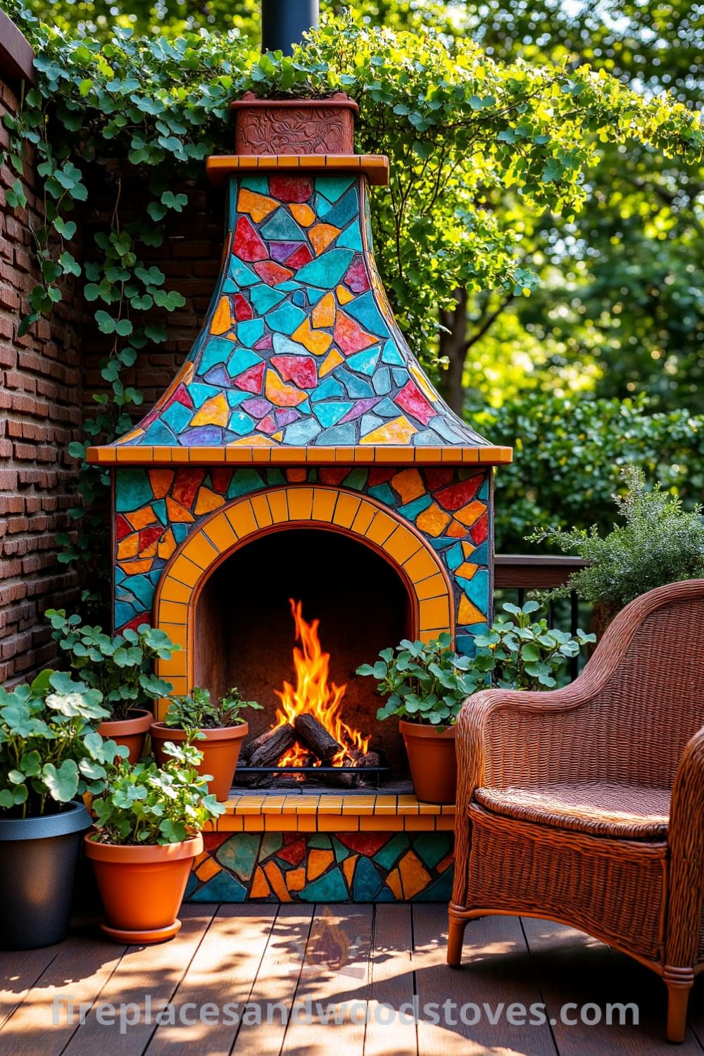 A vibrant Bohemian mosaic fireplace with eclectic tiles in turquoise, crimson, and yellow, set against a sun-dappled patio. The cozy flames cast warm light on a wooden deck surrounded by lush potted plants and a inviting wicker chair, showcasing unique ideas for a cozy home atmosphere. For more inspiring ideas, visit fireplacesandwoodstoves.com.