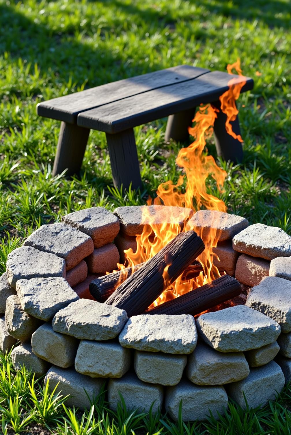 Classic stone fire pit surrounded by tall grass, with bright flames crackling against rough stones, inviting gatherings and creating a cozy atmosphere perfect for sharing stories outdoors under the stars. Visit fireplacesandwoodstoves.com for more cozy home design ideas.