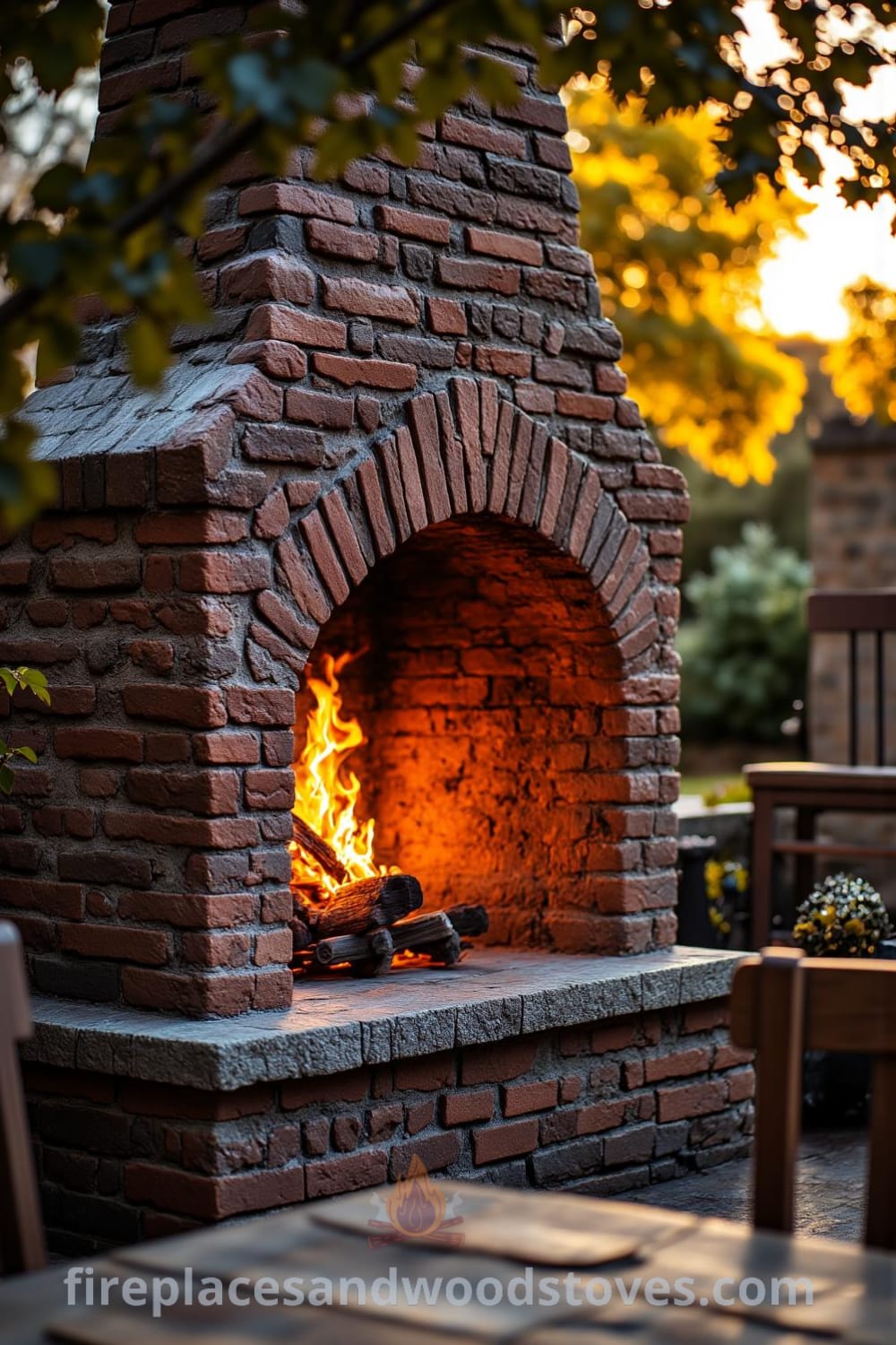 Tudor brick outdoor fireplace in a charming patio setting, surrounded by rustic wooden table and mismatched chairs, creating a cozy atmosphere perfect for gatherings, showcasing cozy ideas and inspiring designs for your home. Visit fireplacesandwoodstoves.com for more decor inspirations.