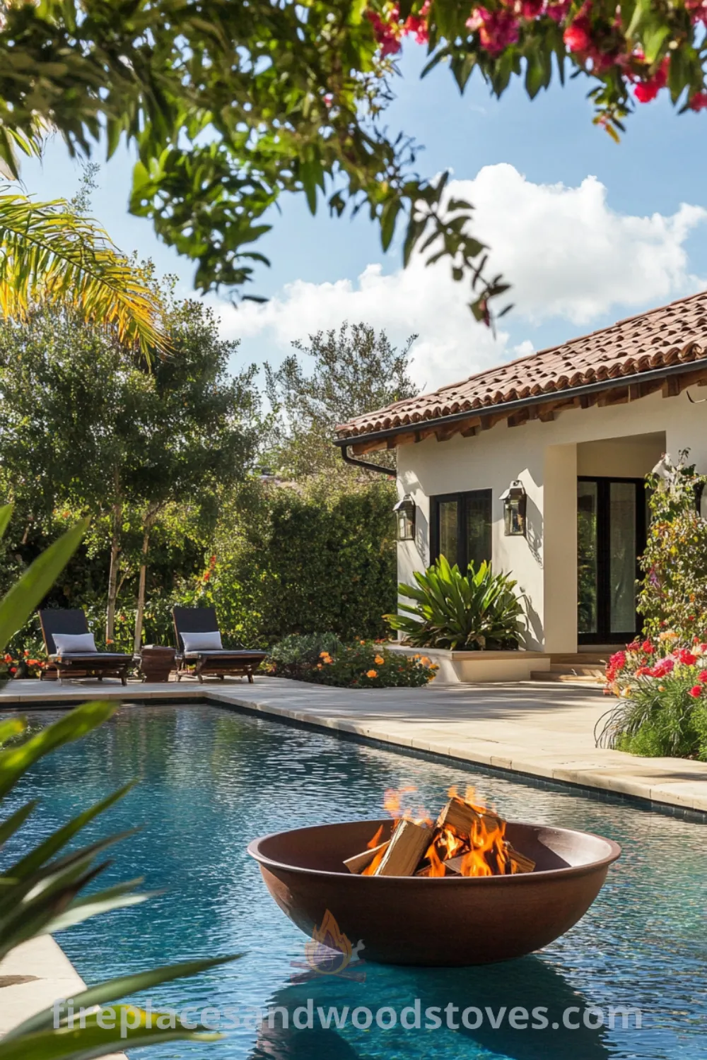 Stylish backyard pool area featuring an inground pool, cozy fire pit, and pool landscaping ideas on fireplacesandwoodstoves.com.
