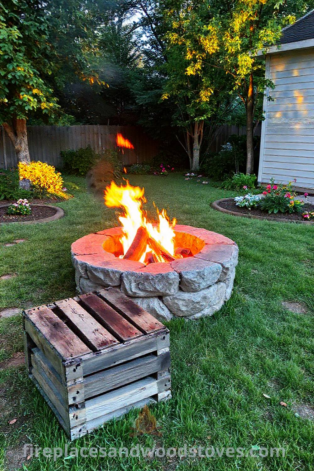 Stone fire pit surrounded by uneven grass and flower beds, with friends gathered around warm flames, creating a cozy and inviting outdoor space for gatherings under the stars. Visit patioandhomefurniture.com for stylish ideas transforming your backyard.