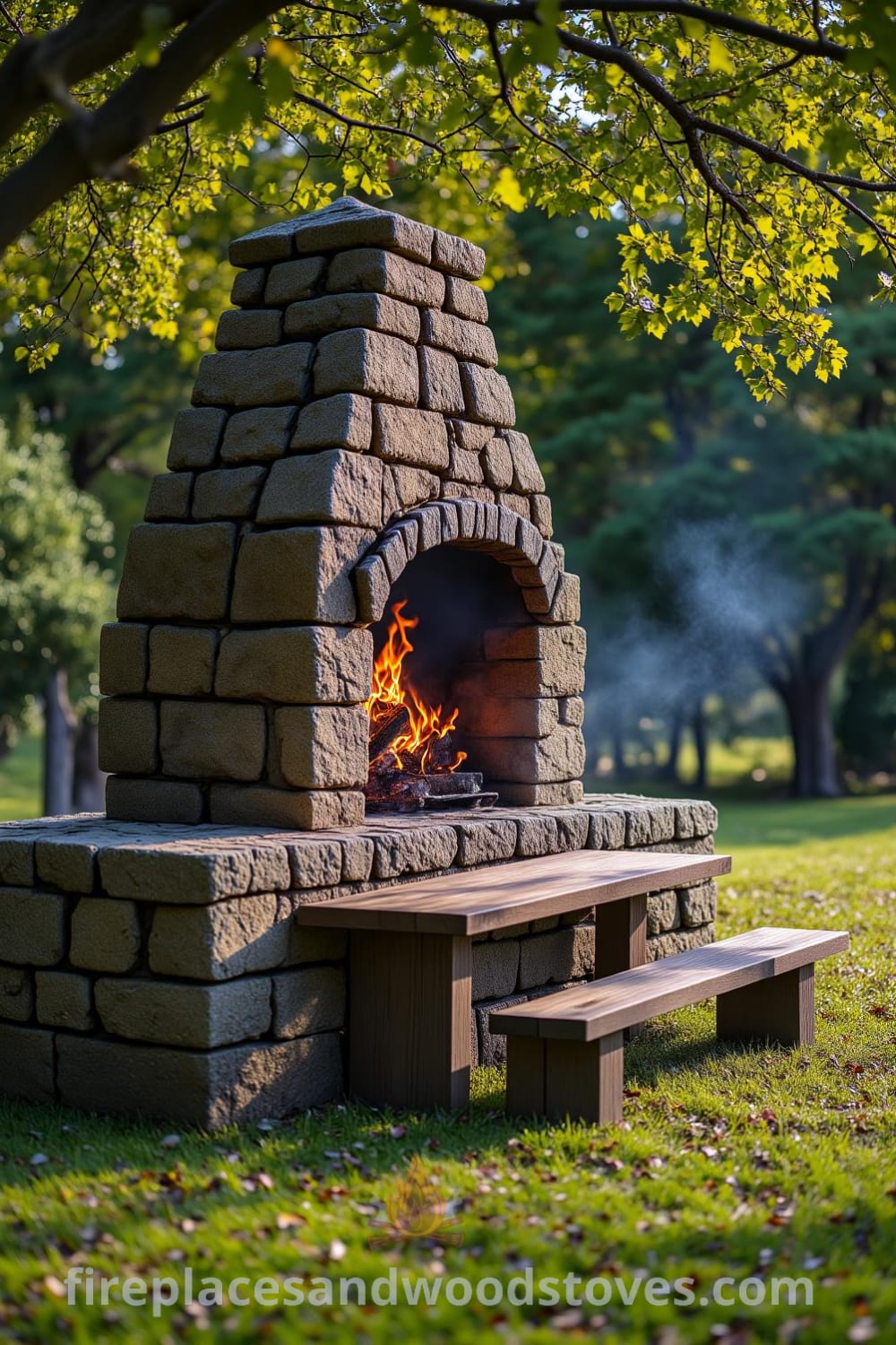 Rustic stone outdoor barbecue tucked beneath spreading trees with flames flickering inside, surrounded by wooden benches in a grassy yard, creating a cozy and inviting atmosphere, perfect for gatherings and outdoor meals. Visit fireplacesandwoodstoves.com for unique ideas and inspirations for your home.