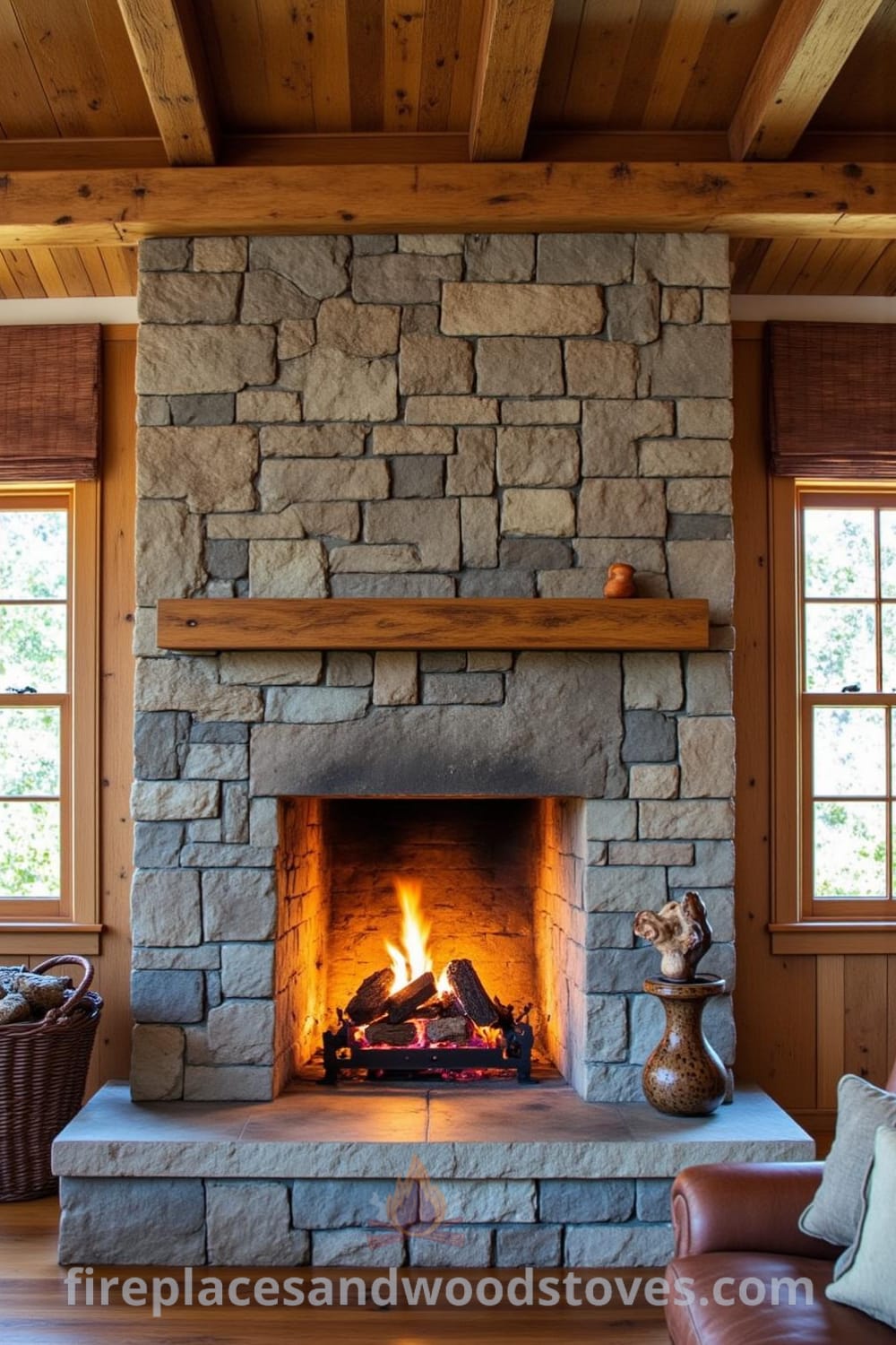 Sturdy stone fireplace in a cozy living room with flickering flames, rustic wooden beams, and a woven basket filled with logs, creating a warm and inviting atmosphere for your home. Visit fireplacesandwoodstoves.com for inspiring decor ideas.