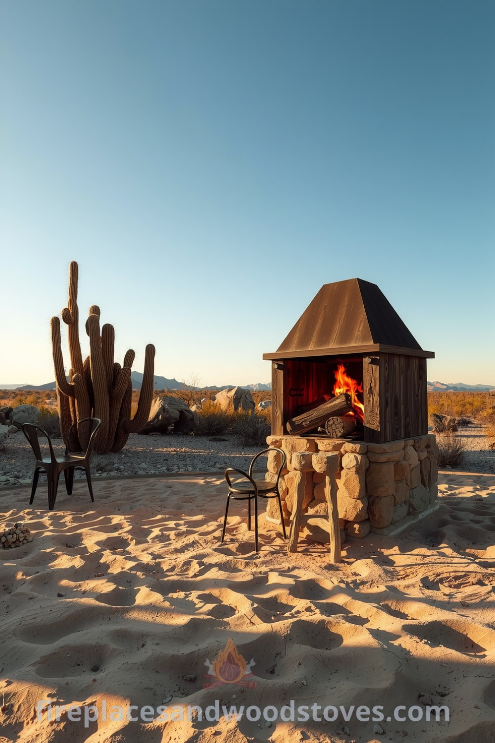Rustic outdoor barbecue on a sandstone base in the desert, featuring a wood-burning fire, cacti, boulders, and mismatched chairs, creating a cozy gathering space. This inspiring decor idea showcases unique elements for your home. Visit fireplacesandwoodstoves.com for more cozy ideas.