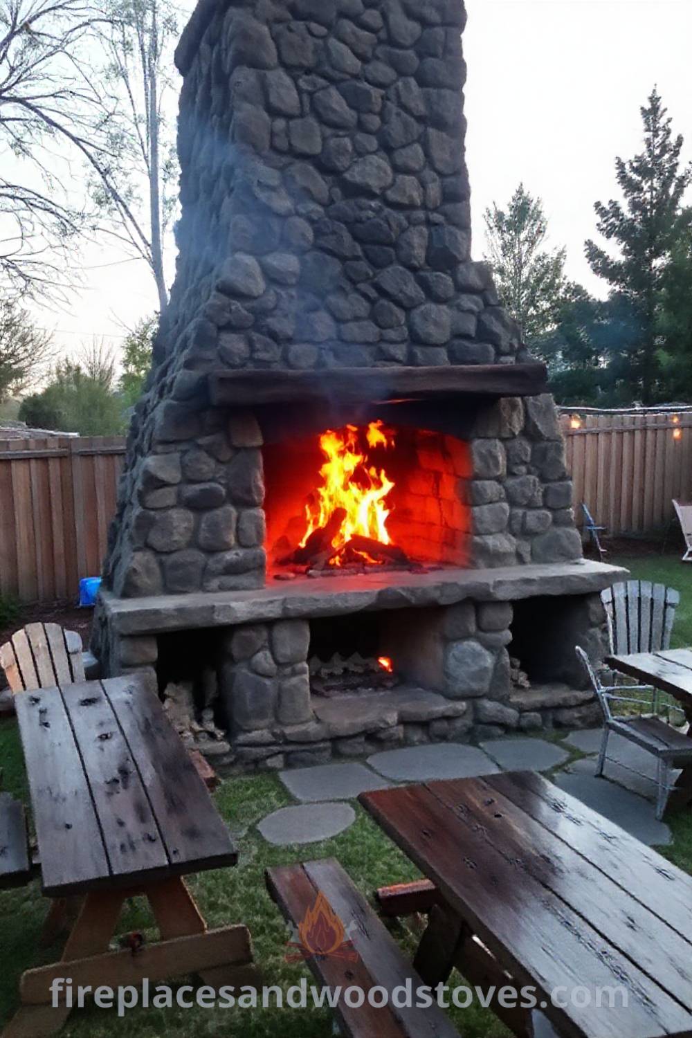 Sturdy stone fireplace BBQ in a backyard setting with flames dancing over rough stones, surrounded by wooden picnic tables and inviting mismatched chairs, creating a cozy and stylish outdoor retreat. Visit patioandhomefurniture.com for incredible ideas that will wow your guests.