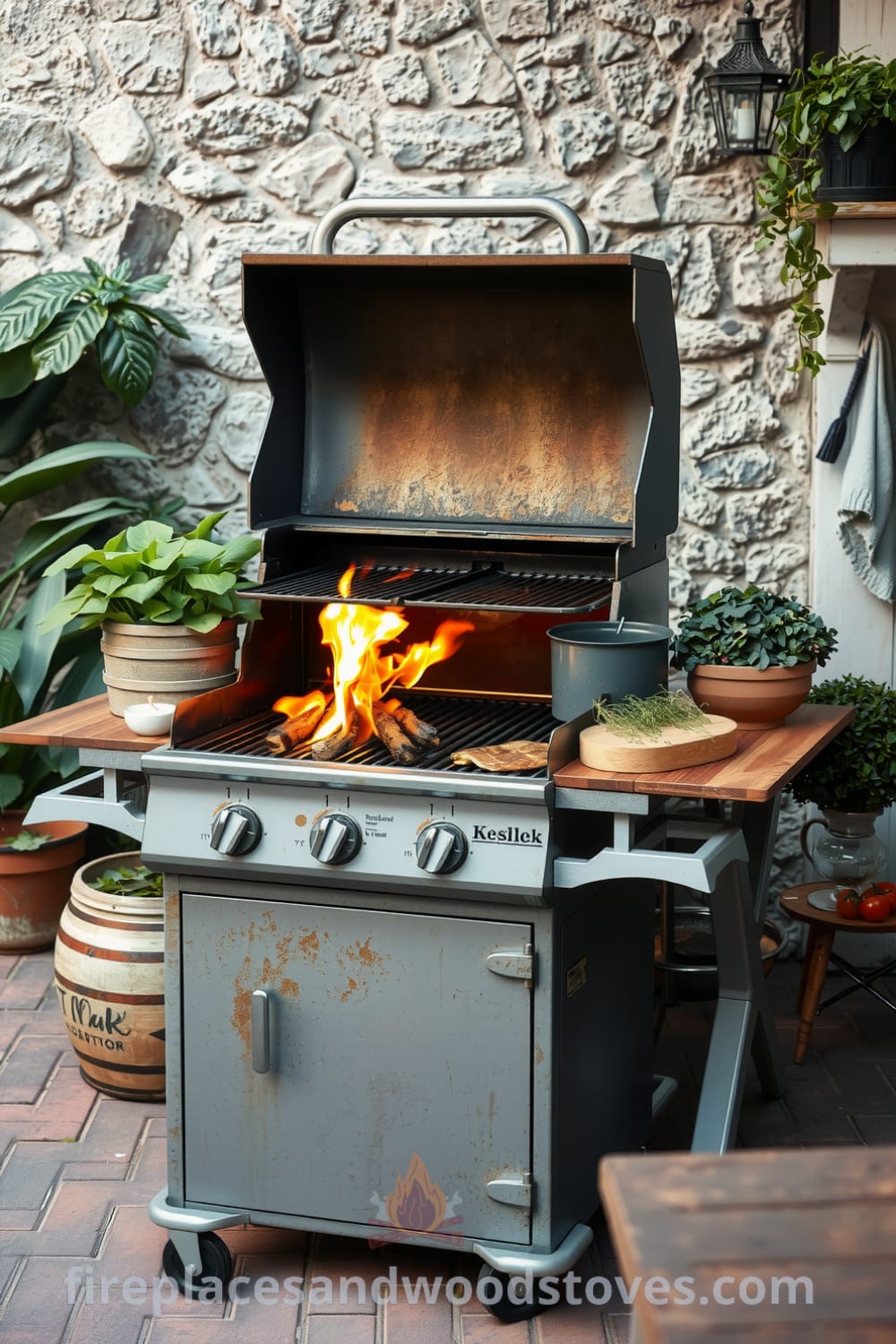 Weathered industrial steel outdoor barbecue on a brick patio, with flames flickering beneath grill grates, surrounded by greenery, herbs in pots, and a rustic wooden table filled with summer fixings, offering cozy ideas for your home at fireplacesandwoodstoves.com.