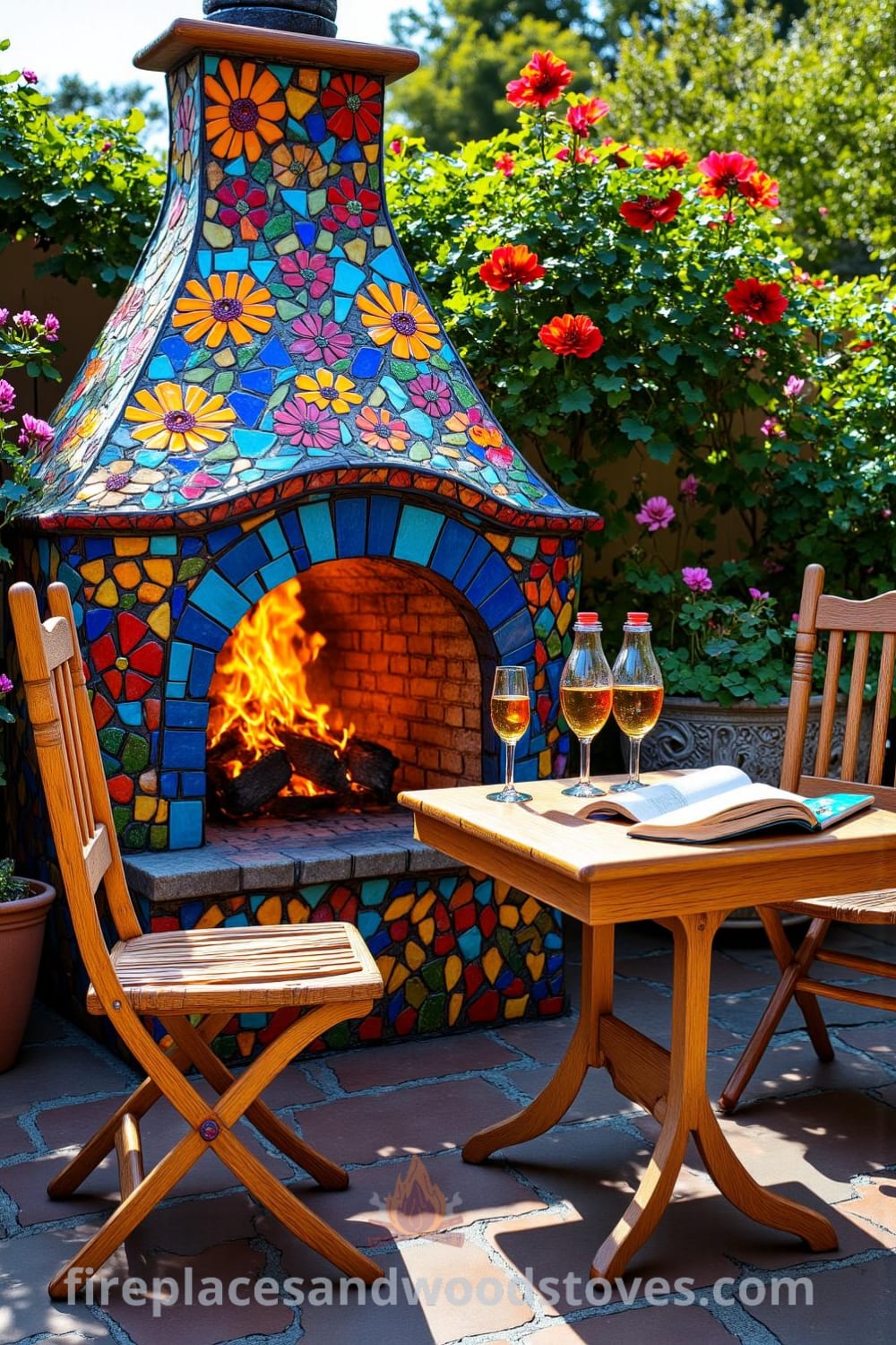 Bohemian mosaic fireplace in a sun-dappled garden, featuring colorful tiles, dancing flames, mismatched chairs, and a low wooden table with drinks and books, creating a cozy and inviting outdoor space for relaxation and gatherings. Visit fireplacesandwoodstoves.com for more cozy ideas.