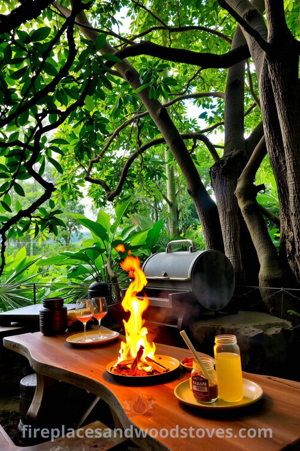 Rustic outdoor barbecue made of wood and stone under a lush jungle canopy, featuring flames, a wooden table with fresh ingredients, and an inviting atmosphere perfect for gatherings, showcasing cozy decor ideas and inspirations for your home, as seen on fireplacesandwoodstoves.com.