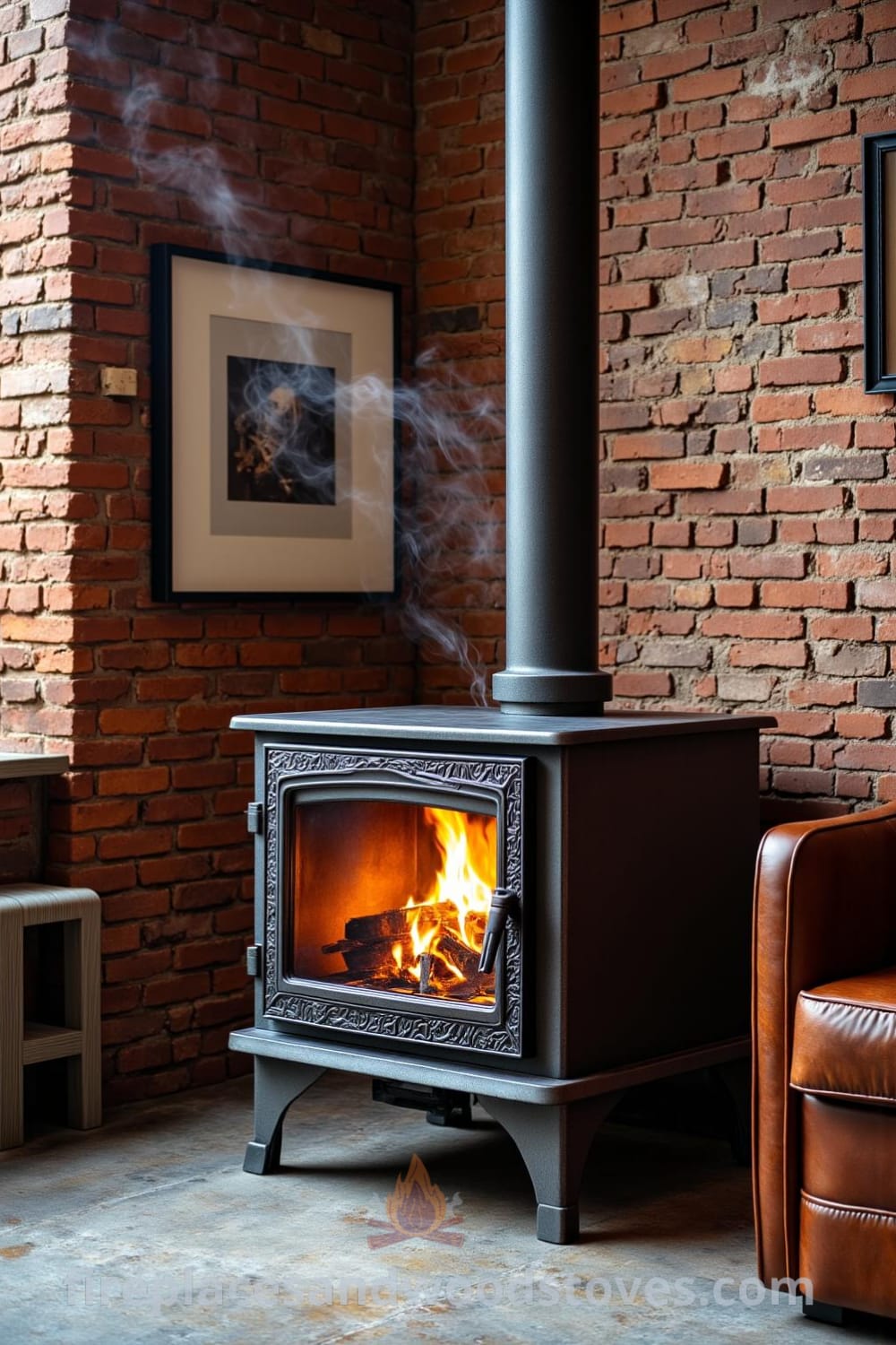 Industrial metal pipe woodstove fireplace in a spacious urban loft showcasing warm flames, exposed brick walls, eclectic artwork, and a cozy leather chair, embodying unique decor ideas for a cozy home at fireplacesandwoodstoves.com.