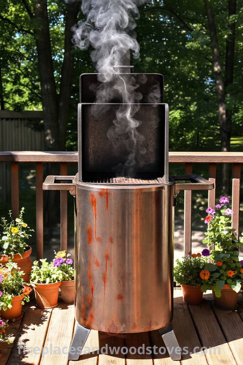 Sturdy vertical smoker barbecue on a wooden deck surrounded by vibrant herb pots and colorful flowers, creating a cozy outdoor space perfect for summer gatherings and culinary adventures. Visit patioandhomefurniture.com for incredible ideas transforming your backyard.