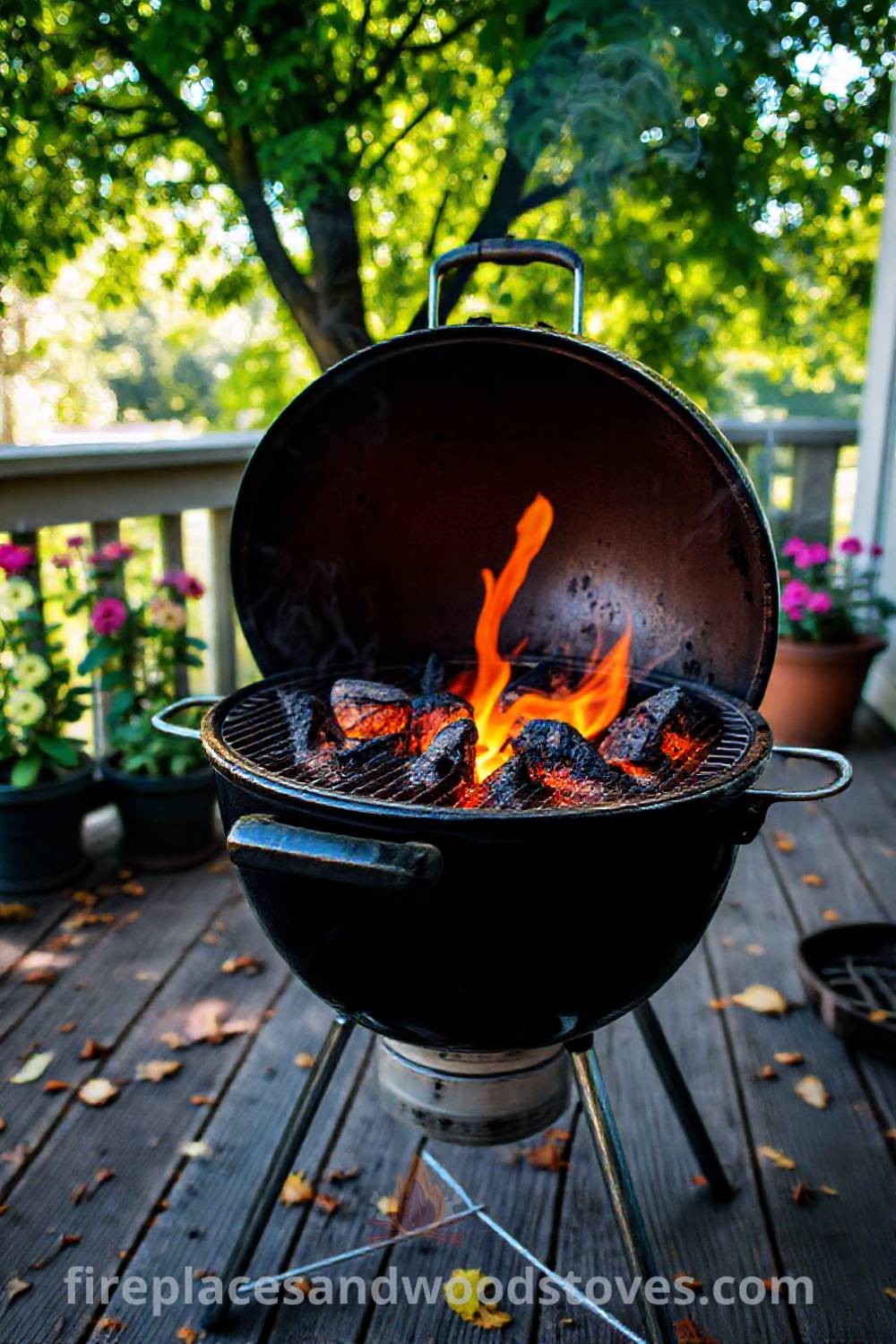 Kettle grill barbecue on a weathered wooden deck, surrounded by blooming flower pots and fallen leaves, radiating warmth from fiery coals, creating a cozy atmosphere perfect for gatherings and inspiring outdoor cooking ideas. Visit fireplacesandwoodstoves.com for unique ideas and decor inspirations.