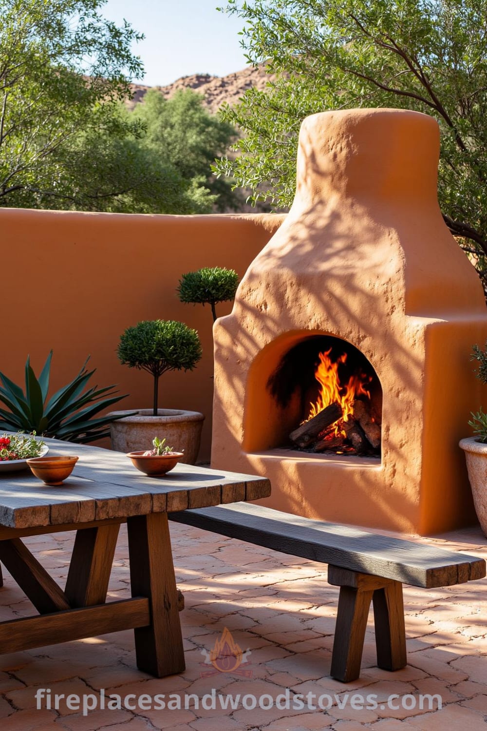 Southwestern adobe outdoor barbecue in a sun-soaked courtyard, showcasing a cozy atmosphere with flickering flames, surrounding desert plants, and a weathered picnic table set for an inviting cookout perfect for inspiring decorating ideas for your home at fireplacesandwoodstoves.com.