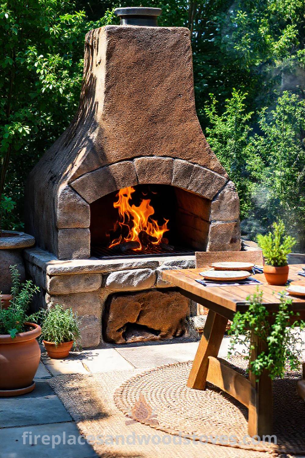 Stone BBQ oven on a sun-drenched patio surrounded by fragrant herbs and a wooden table set for outdoor dining, creating a cozy and stylish atmosphere. Visit patioandhomefurniture.com for incredible ideas transforming your backyard into a friendly gathering space.