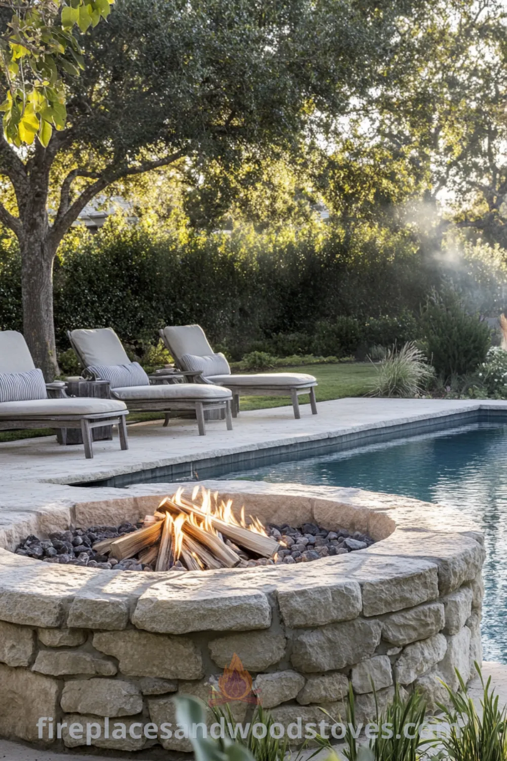 Backyard pool area with fire pit on fireplacesandwoodstoves.com, showcasing sleek pool design, engaging pool landscaping, and cozy ideas for a perfect outdoor entertainment area.