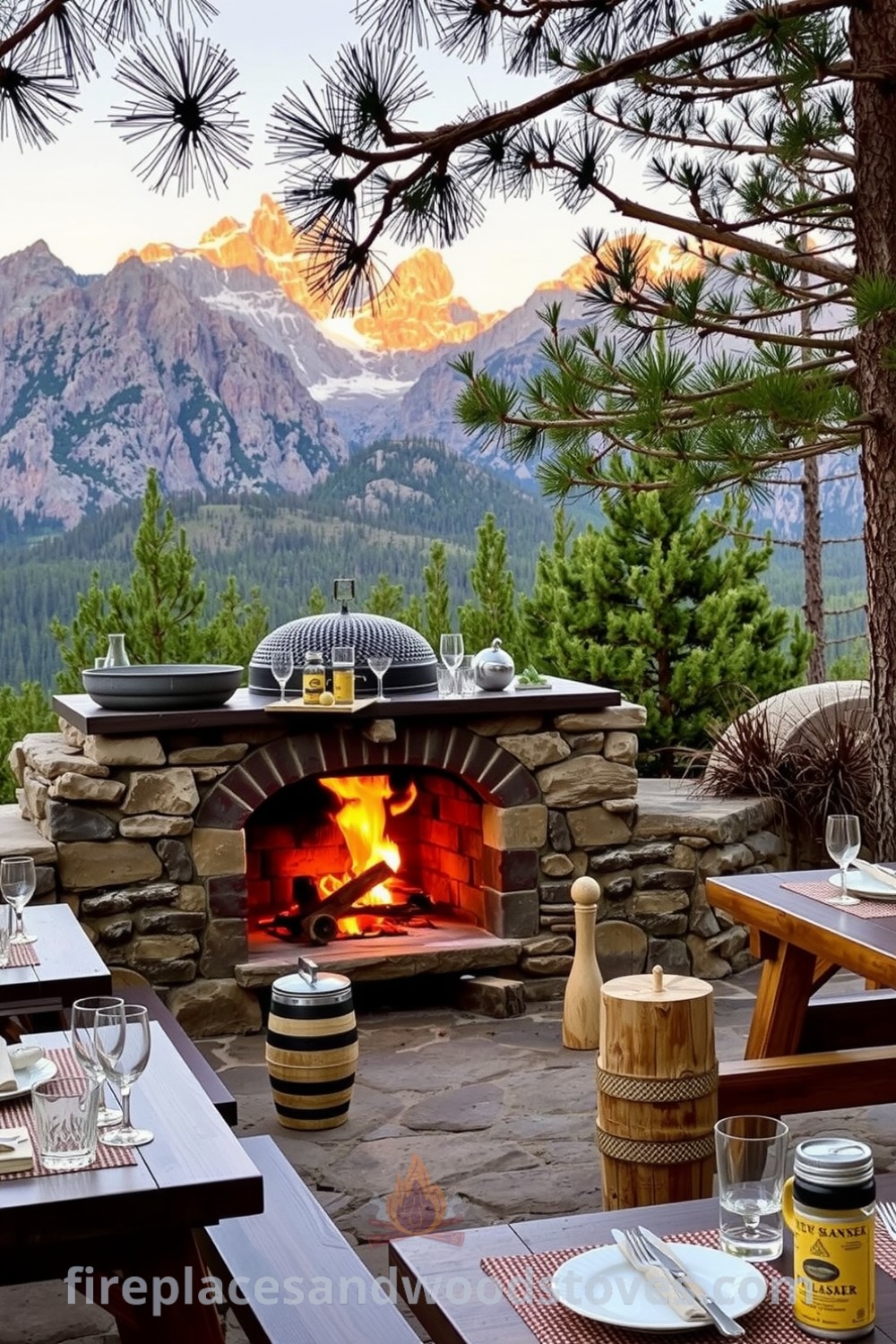 Rustic outdoor barbecue surrounded by rugged mountain peaks, featuring a stone hearth with a crackling fire, inviting wooden picnic tables, and soft lighting at sunset, creating a cozy gathering spot. For more cozy ideas, visit fireplacesandwoodstoves.com.