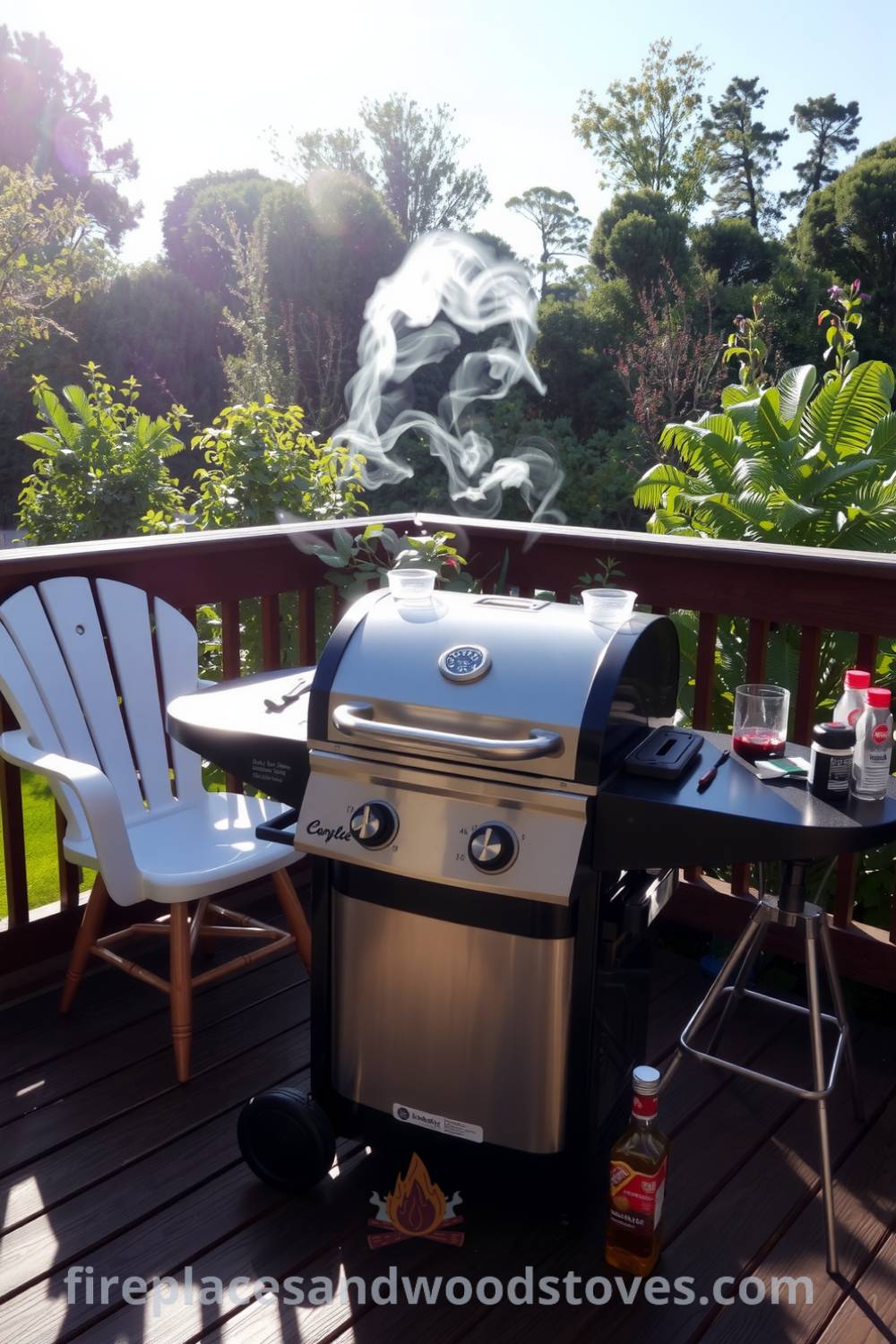 Barbecue setup on a wooden deck featuring a sleek grill with flames, inviting patio chairs, and a table filled with grilling tools and seasonings, creating a cozy and inviting atmosphere for outdoor gatherings. For more cozy ideas, visit fireplacesandwoodstoves.com.