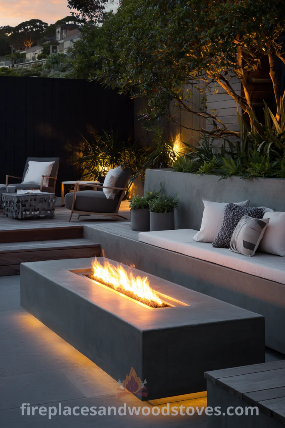 Modern minimalist fire pit with elegant concrete seating wall, inviting glow evening, and sophisticated outdoor fire accents.