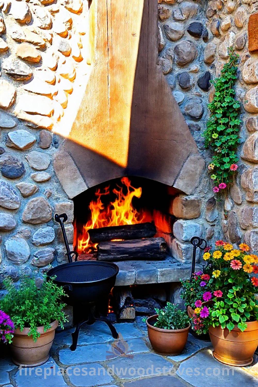 Rustic fireplace BBQ on a sun-drenched patio adorned with potted herbs and colorful blooms, featuring a warm glow from the crackling flames, perfect for creating a cozy outdoor gathering space. Visit patioandhomefurniture.com for stylish ideas that will wow your guests.