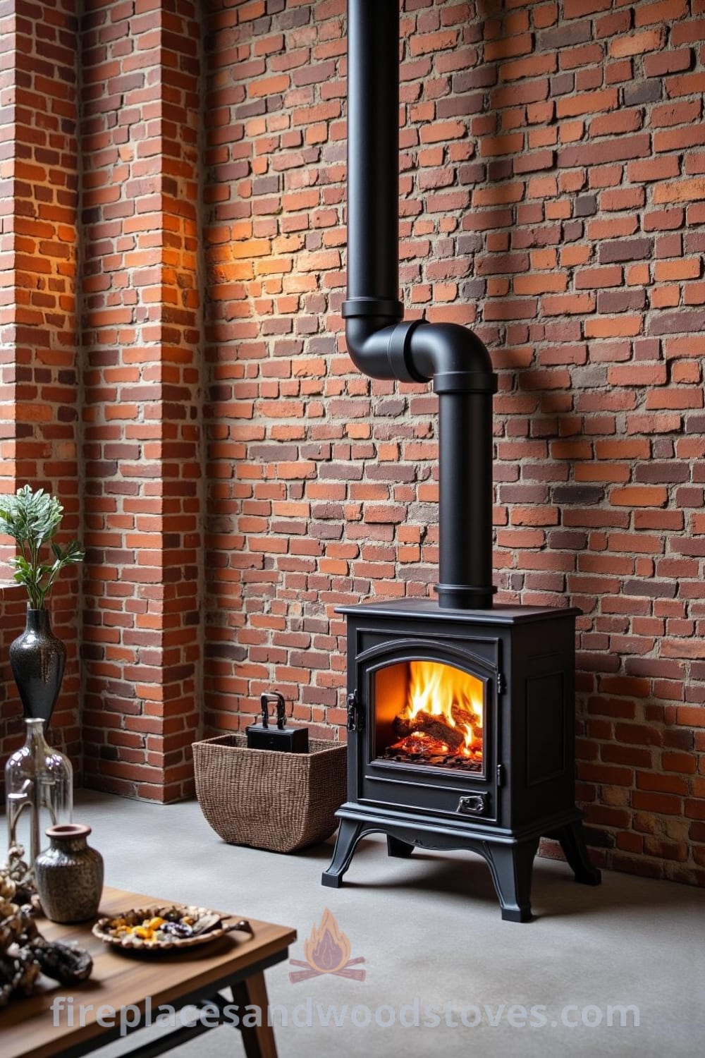 Industrial metal woodstove fireplace with flickering flames in a trendy urban loft, set against an exposed brick wall, illuminating a cozy atmosphere with a weathered wooden coffee table nearby, showcasing unique decor inspirations for your home, featured on fireplacesandwoodstoves.com.
