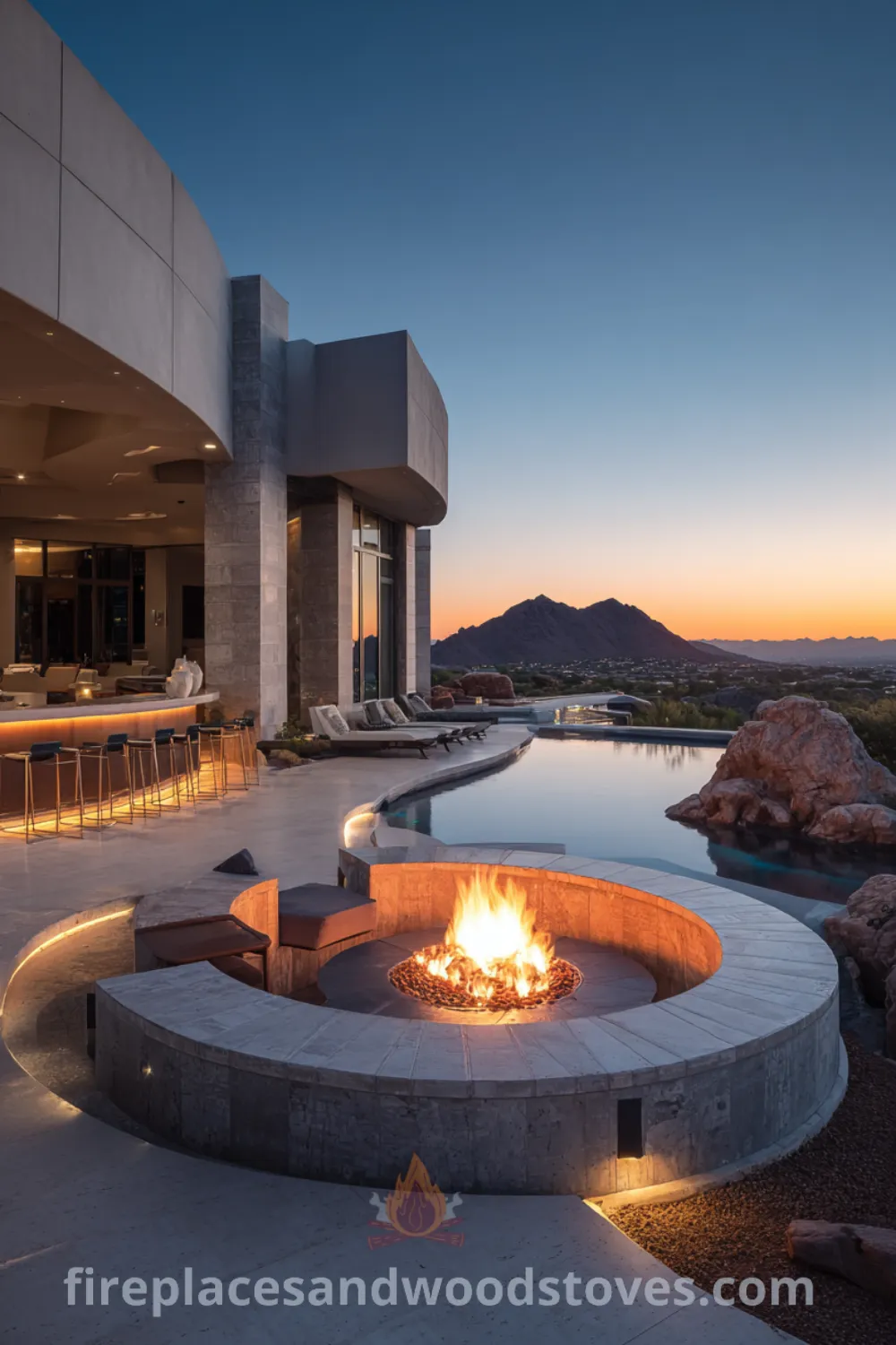 Modern fire pit with integrated lighting, sleek design, and carefully landscaped outdoor space creating a serene ambiance.
