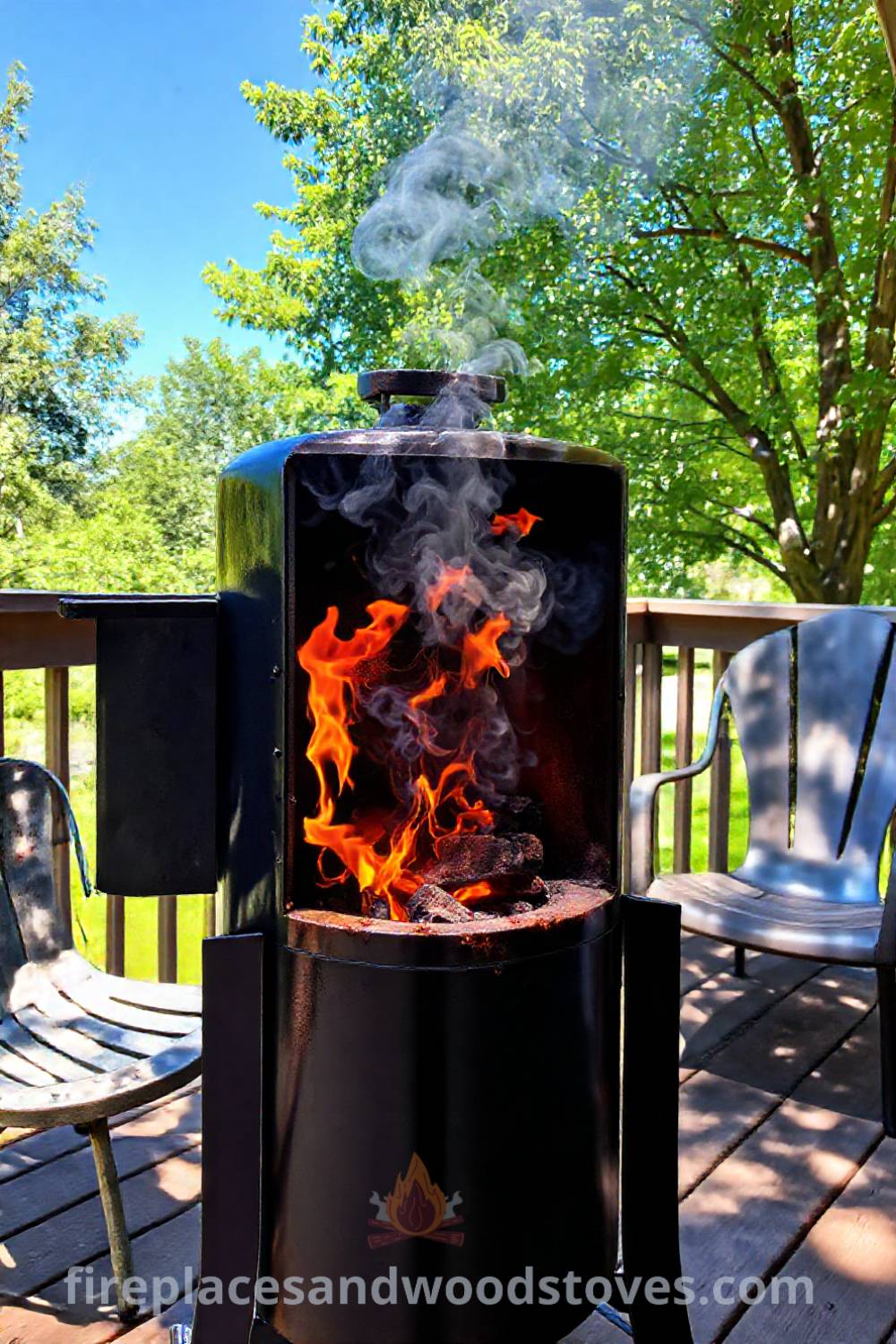 Vertical smoker barbecue on a wooden deck with flames and smoke in the grill, surrounded by mismatched patio chairs and the warm sunlight filtering through trees, creating a cozy and inviting outdoor space. Visit patioandhomefurniture.com for stylish outdoor design inspiration.