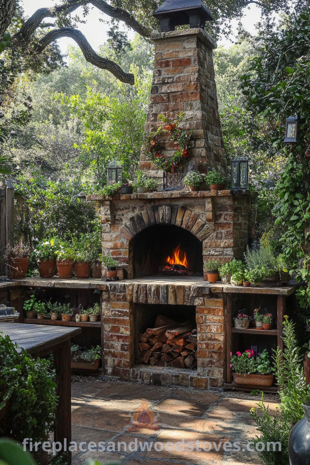 Backyard oven area featuring a rustic brick oven and outdoor kitchen setup on fireplacesandwoodstoves.com, ideal for cozy outdoor cooking, patio design, and unique decor ideas.