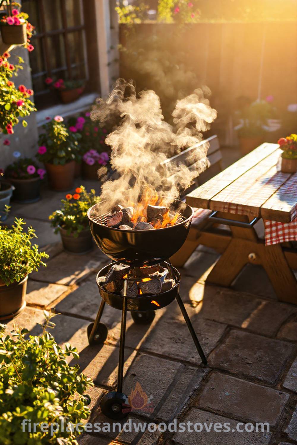 Classic charcoal grill barbecue on a sunlit patio surrounded by potted herbs and colorful flowers, creating a cozy outdoor space for gathering with friends, perfect for evening meals. Visit patioandhomefurniture.com for stylish outdoor design inspiration.