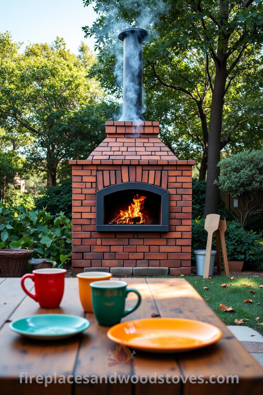 Traditional brick outdoor barbecue in a sun-dappled backyard, with a crackling fire, slight weathering on red bricks, and a picnic table adorned with colorful plates, inspiring cozy outdoor gatherings and unique ideas for your home, visit fireplacesandwoodstoves.com.