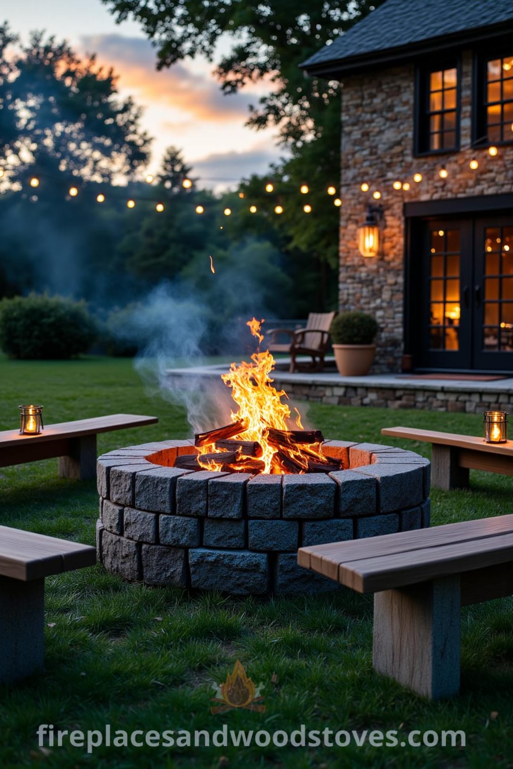 Cozy stone fire pit in a rustic backyard, surrounded by wooden benches and illuminated by lanterns, creating a warm atmosphere with flickering flames and smoke blending into the evening sky. For more cozy ideas, visit fireplacesandwoodstoves.com.
