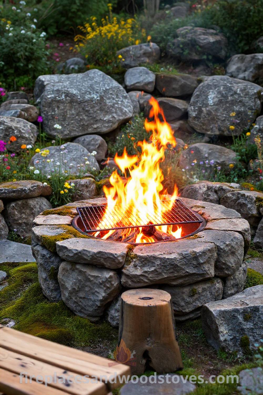 Rustic wood-burning fire pit nestled in a vibrant garden with wildflowers and moss-covered stones, creating a cozy gathering space perfect for outdoor storytelling. Visit patioandhomefurniture.com for stylish outdoor design ideas you